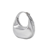 Silver metallic crescent shoulder bag with zipper, displayed on white background