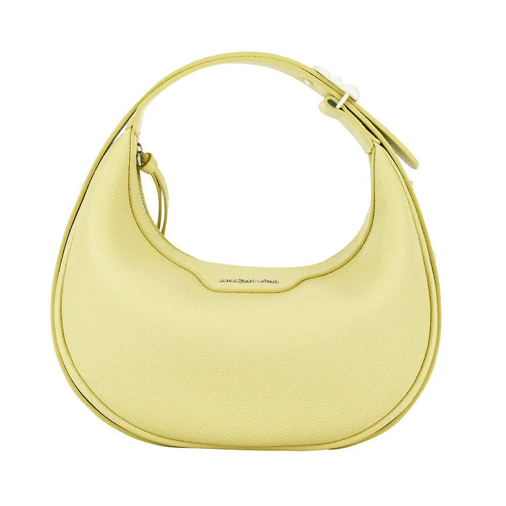 Light yellow crescent shoulder bag with textured leather on white, Amazing Song branding