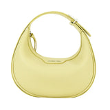 Light yellow crescent shoulder bag with textured leather on white, Amazing Song branding