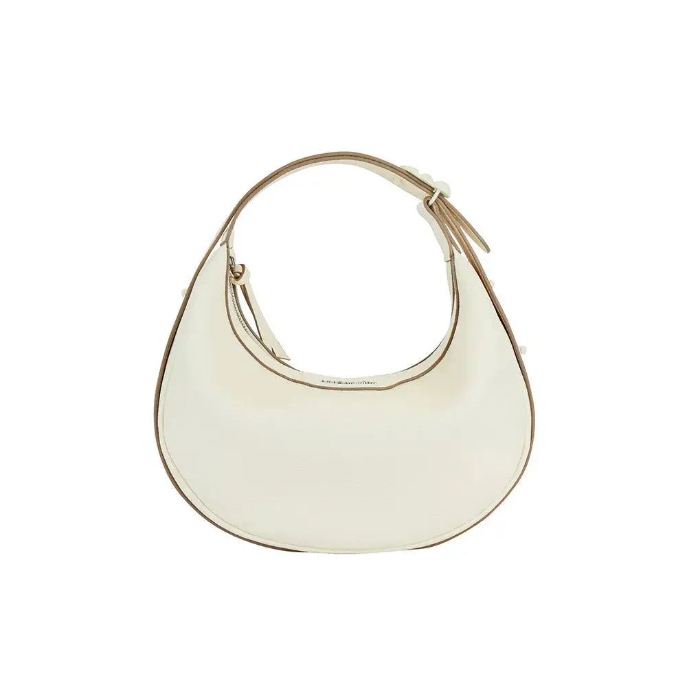 White crescent shoulder bag with textured leather, featured on Amazing Song official website