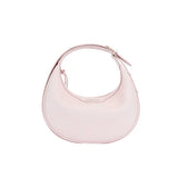 Light pink crescent-shaped leather handbag with top handle on white background, Amazing Song