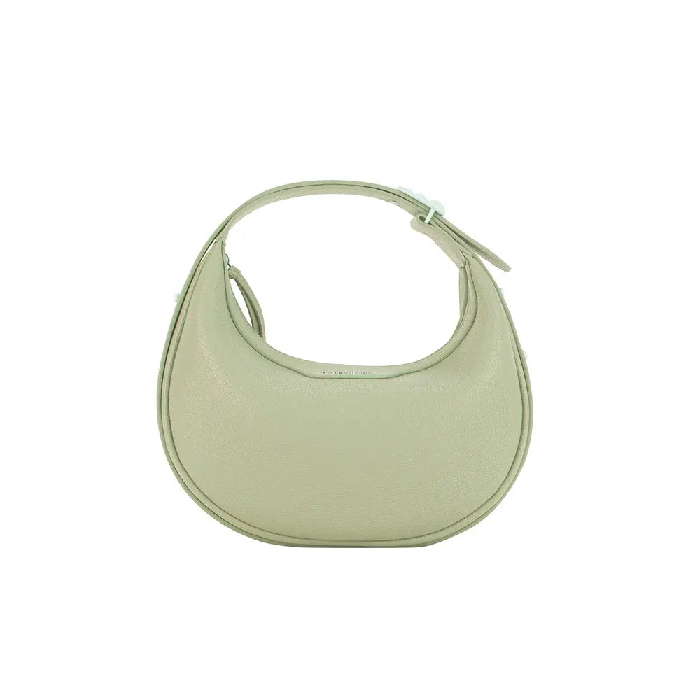 Light green crescent-shaped leather handbag on white background, Amazing Song fashion