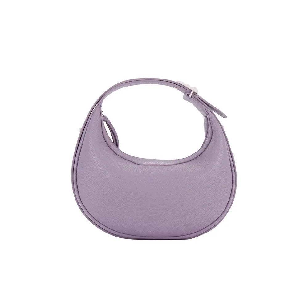 Lilac crescent-shaped leather handbag with top handle, Amazing Song official website.