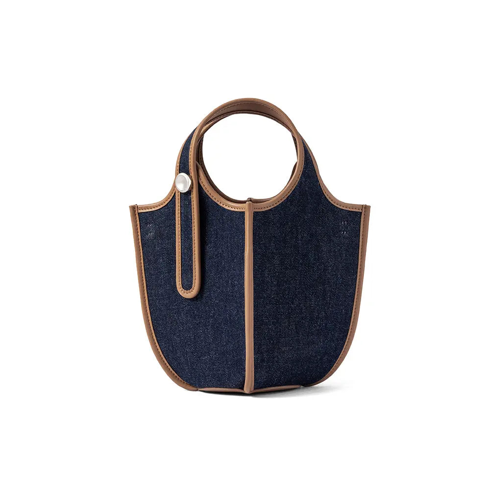 Dark blue denim handbag with brown leather trim and round handle, Amazing Song bag