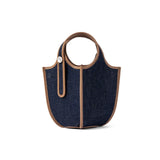 Dark blue denim handbag with brown leather trim and round handle, Amazing Song bag