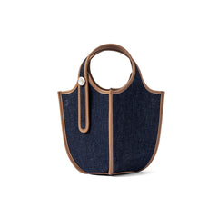 Dark blue denim handbag with brown leather trim and round handle, Amazing Song bag
