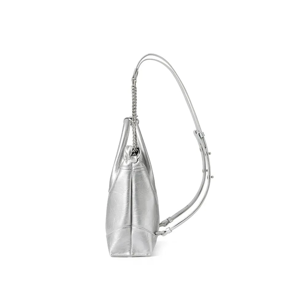 Metallic silver handbag with chain strap, side view on white background from Amazing Song