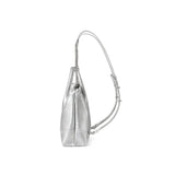 Metallic silver handbag with chain strap, side view on white background from Amazing Song