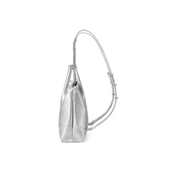 Metallic silver handbag with chain strap, side view on white background from Amazing Song
