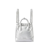 Amazing Song silver metallic backpack purse with chain and leather straps on white background