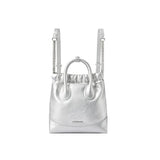 Amazing Song silver metallic backpack purse with chain and leather straps on white background