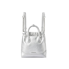 Amazing Song silver metallic backpack purse with chain and leather straps on white background