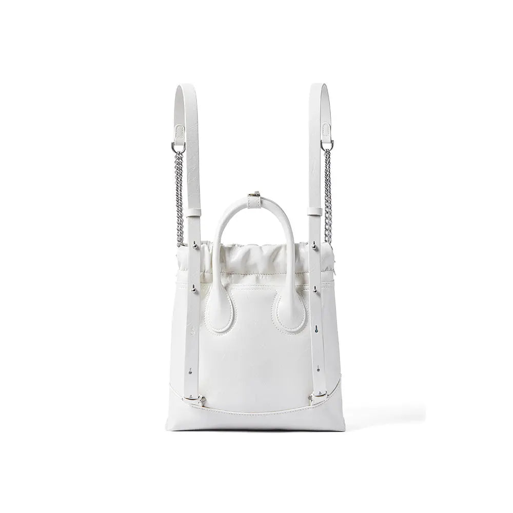 White leather bucket bag with dual top handles and chain straps, Amazing Song official website