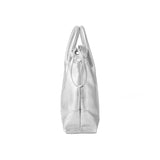 Side view of metallic silver tote bag with handles on white background, Amazing Song