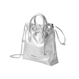 Amazing Song metallic silver handbag with chain strap and drawstring top