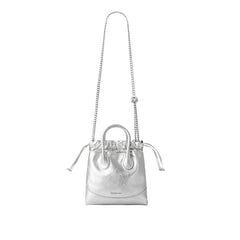 Silver metallic handbag with chain strap, drawstring closure, and Amazing Song branding.
