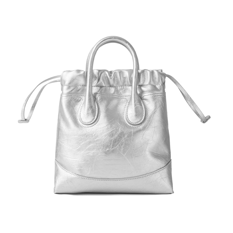 Metallic silver tote bag with drawstring and handles, Amazing Song official website accessory