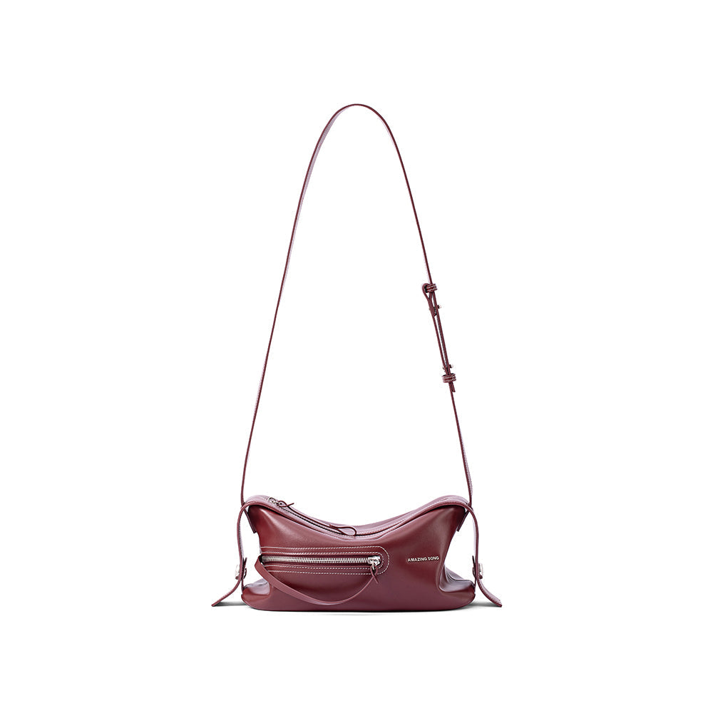 Amazing Song burgundy leather crossbody bag with adjustable strap and front zipper pocket
