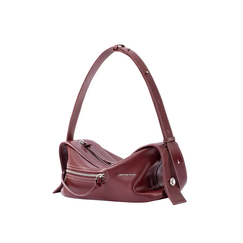 Amazing Song burgundy leather shoulder bag with silver zipper and adjustable strap