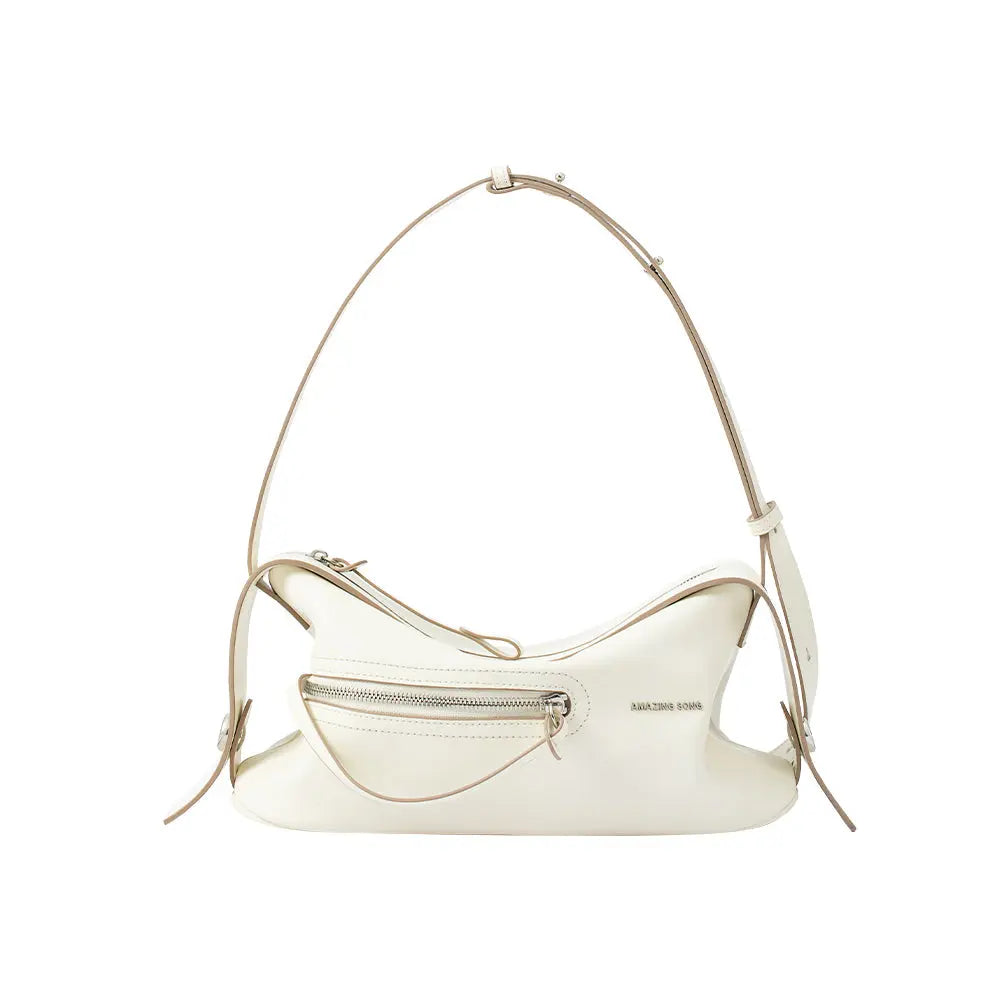 Amazing Song cream leather shoulder bag with front zipper pocket and adjustable strap