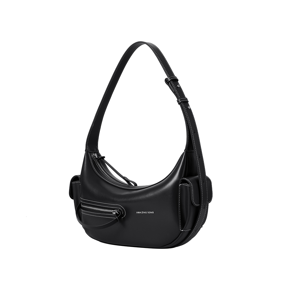 Amazing Song black leather shoulder bag with adjustable strap and front zip pocket