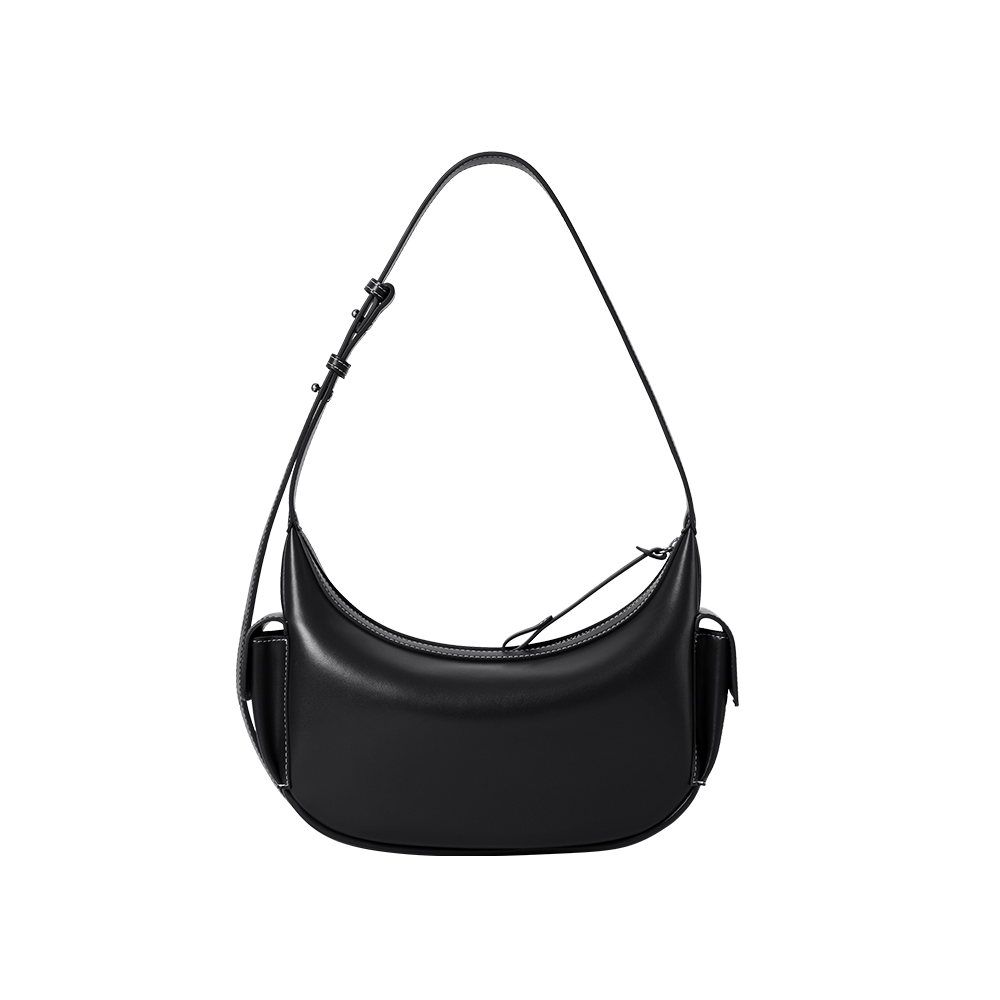 Sleek black leather shoulder bag with adjustable strap, product photo on white background.