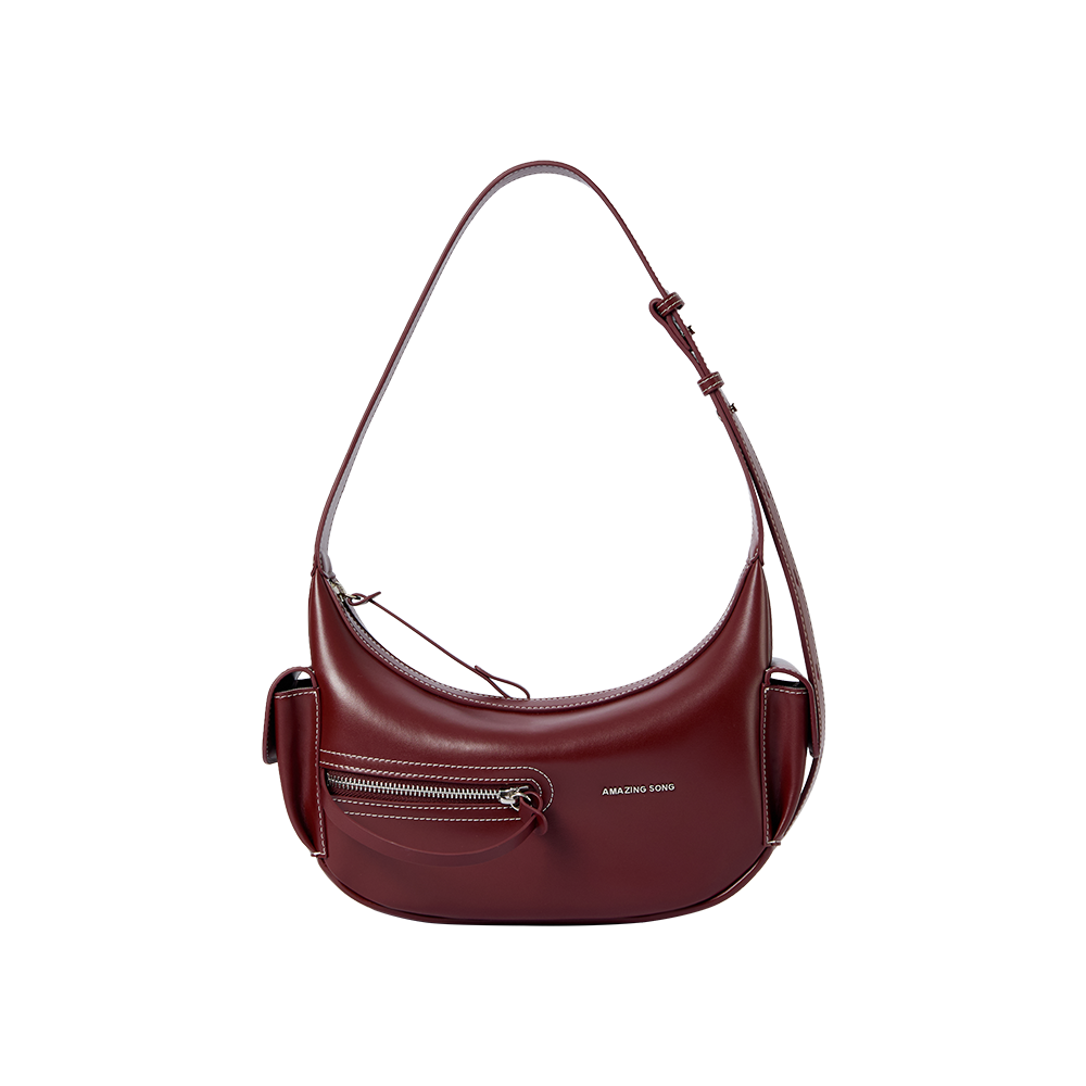 Amazing Song burgundy shoulder bag with front zipper pocket and adjustable strap