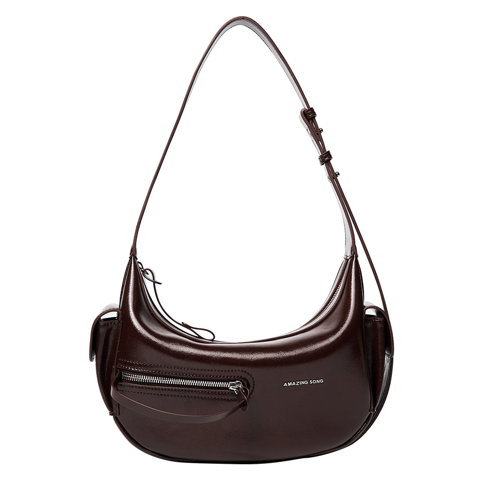 Amazing Song brown leather shoulder bag with front zipper pocket on white background