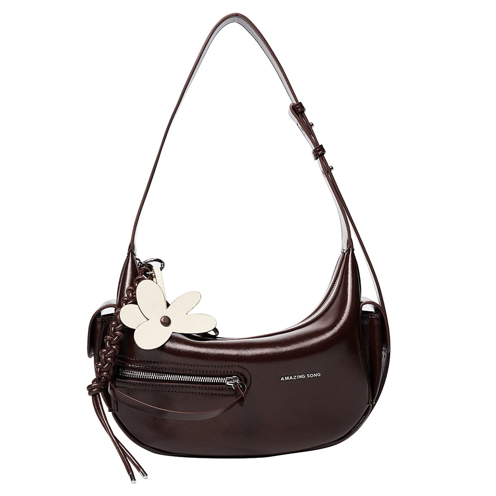 Amazing Song brown shoulder bag with front zipper and white flower charm