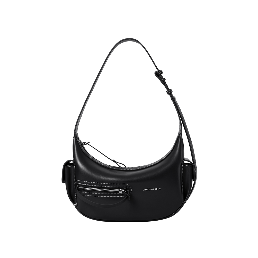 Amazing Song black leather shoulder bag with zipper pocket and adjustable strap