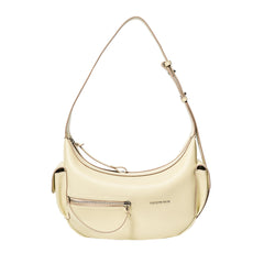 Amazing Song cream leather shoulder bag with front zipper pocket and adjustable strap