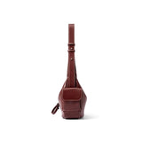Front view of a brown leather sling bag with white stitching, Amazing Song website product.