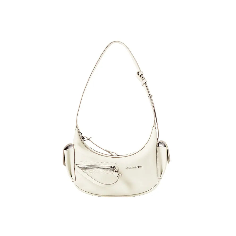 Amazing Song cream shoulder bag with front zipper pocket and side pouches on white background