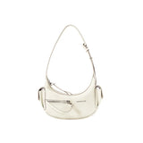 Amazing Song cream shoulder bag with front zipper pocket and side pouches on white background
