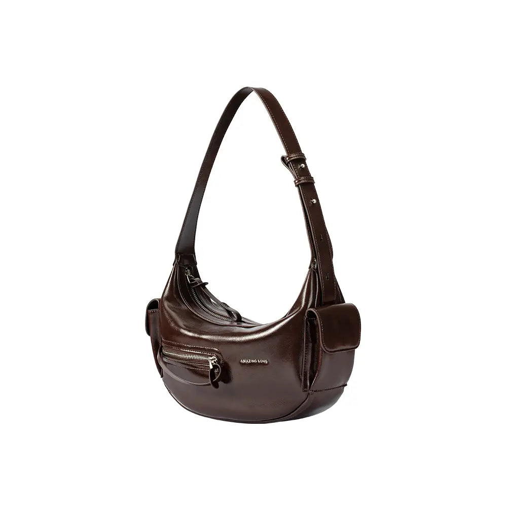 Amazing Song dark brown leather shoulder bag with front zipper pocket and side pouch