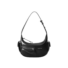 Amazing Song black leather shoulder bag with zipper pockets and adjustable strap