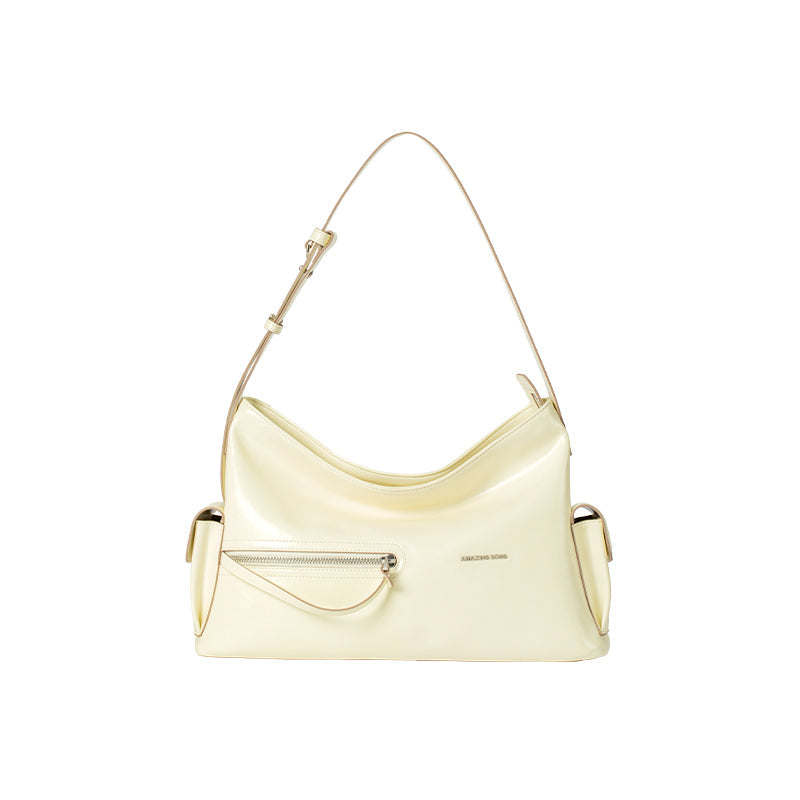 Cream leather shoulder bag with zipper pocket, Amazing Song branding, white background
