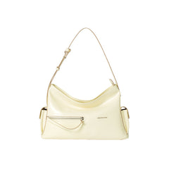 Cream leather shoulder bag with zipper pocket, Amazing Song branding, white background