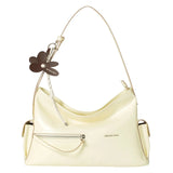 Amazing Song cream shoulder bag with front zipper pocket and brown flower keychain
