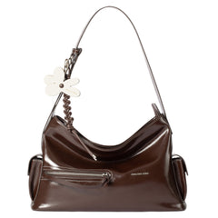 Amazing Song brown patent leather shoulder bag with flower charm and front zipper pocket