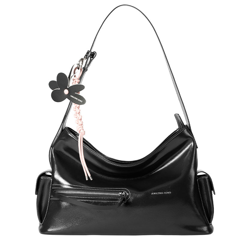 Black Amazing Song shoulder bag with pink braided strap and black flower charm