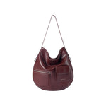 Amazing Song maroon leather shoulder bag with front zipper and pocket on white background