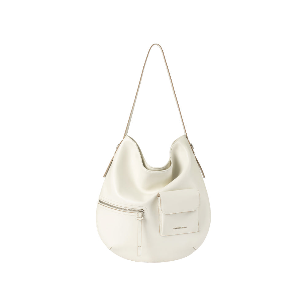 White shoulder bag with front zipper and pocket, displayed on Amazing Song website