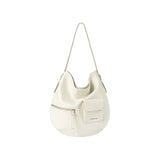 White shoulder bag with front zipper and pocket, displayed on Amazing Song website