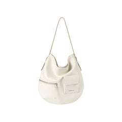 White shoulder bag with front zipper and pocket, displayed on Amazing Song website