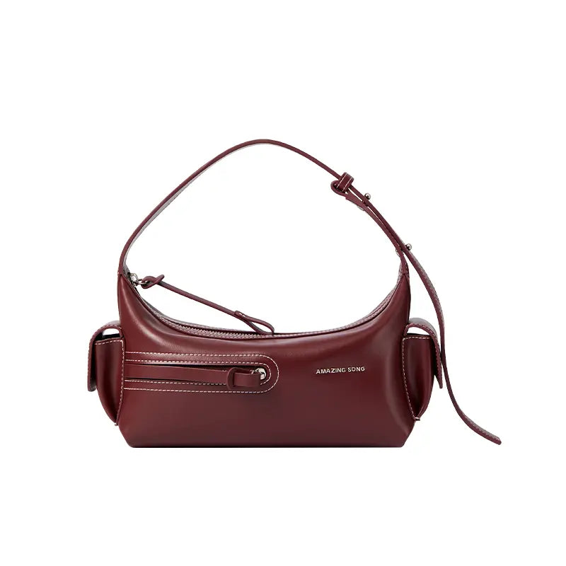Amazing Song maroon leather shoulder bag with zipper and logo on white background