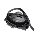 Amazing Song black leather handbag with open zipper, visible logo, and white stitching