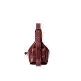Burgundy leather handbag with white stitching, side view, Amazing Song official site