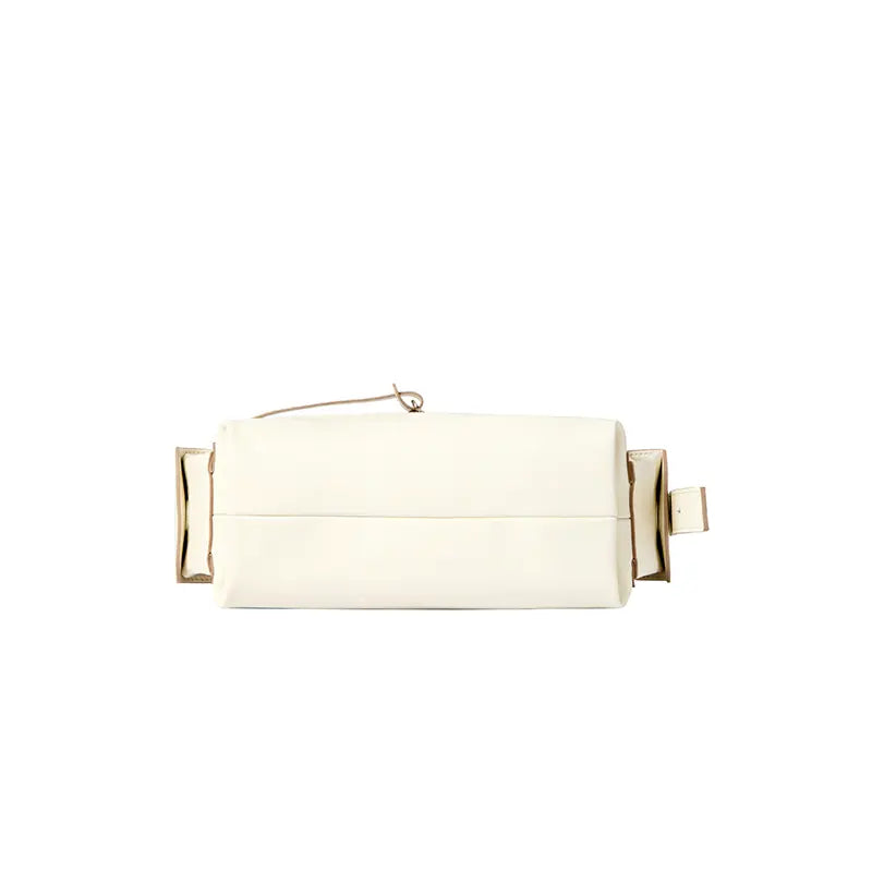 Cream rectangular Amazing Song bag with side buckles on white background