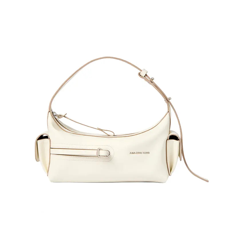 Amazing Song cream shoulder bag with side pockets and buckle detail on white background